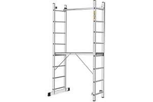 DRABEST PRO 3in1 Stege av aluminium - Ställningar, hopfällbar stege, multifunktionsstege med arbetsplattform och hinkkrok - Höjdjusterbar, hopfällbar - Trädgård, Hushåll - 2X 8 steg