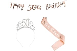 JENICH 50 Compleanno Fascia Oro Rosa 50 Anni di Compleanno Donna Tiara Birthday Corona per Compleanno 50 Coroncina di Compleanno Happy Birthday Banner Decorazioni Accessori per Compleanno Ragazza