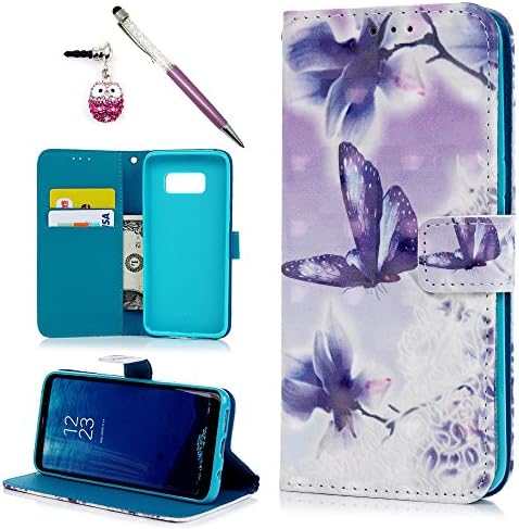 S8 Plus Case, Premium PU Leather Wallet Cover Case With Magnetic Clip 3D Holographic Elegant Colorful Painted Folio Flip Protection Card Slots Cash Holder Smart Stand Feather Multi-Functional Case For Samsung Galaxy S8 Plus - Purple Butterfly