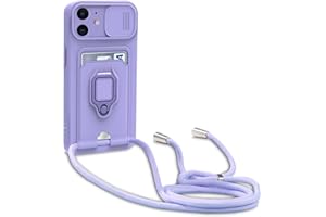 Dllatui Handyhülle Kompatibel mit iPhone 11 Halsband Lanyard Silikonhülle,mit Kamera Schutz Schieber,Drehbarer Ständer mit Kartenfach Necklace Hülle (Lila)