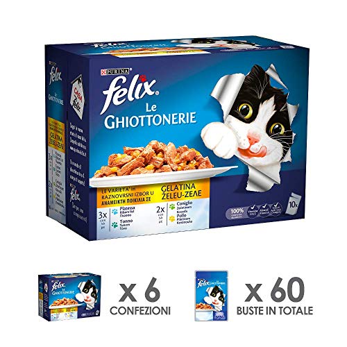 Felix purine Les gourmandises Carton pelliculé Texte Humide Chat Les variétés avec Plie, avec Thon, avec Lapin et avec Poulet - 60 enveloppes de 100 g chacune (6 boîtes de 10 x 100 g)