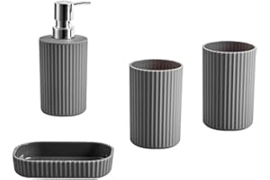 Novel Solutions 4pc Bathroom Accessories - Rubber Coated Bathroom Decoration Set - Modern Vanity Organiser Kit - Soap Dish, Soap Dispenser Pump and Tumbler Cup(2pcs) for Toothbrush Holder - Matt Grey