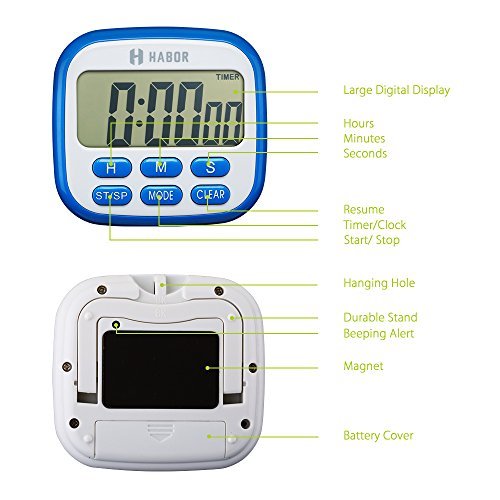 Habor Küchentimer Digital Timer Eieruhr, Küchenwecker, Küchenuhr, Zeitmesser, Stoppuhr, LCD Display, 24h Countdown mit Piepton, Magnete und einklappbarer Ständer, ideal für Küche Kochen, Grill, Backen usw. - 3