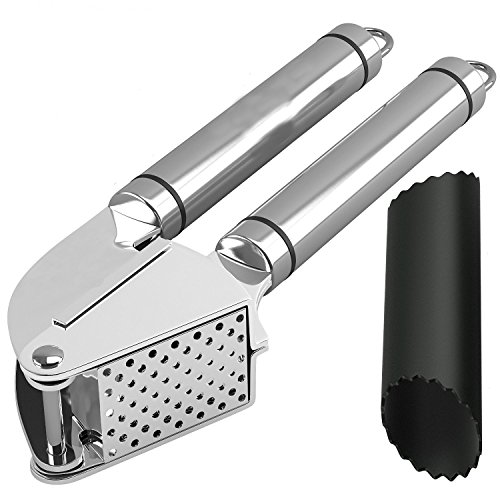 RcGoods Premium Edelstahl Knoblauchpresse & Schäler Set ● Zerpresst Knoblauchzehen & Ingwer mit Leichtigkeit ● Qualitativ hochwertige Knoblauch Presse ● Hergestellt aus robustem 18/10 Edelstahl