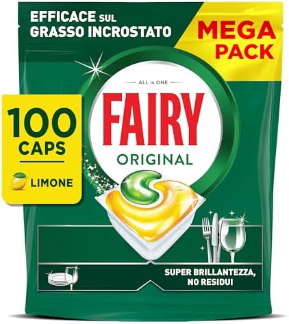 Fairy Original Pastiglie Lavastoviglie, 100 Capsule, Limone, Detersivo Con Azione Pulente Al Primo Lavaggio, Efficace Sul Grasso Incrostato Con Azione Brillante
