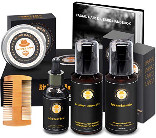 Kit de Barbe Homme Complet Coffret avec 118ML Conditionneur de Barbe,118ML Shampoing Barbe, Huile Barbe,Brosse a Barbe,Baume à Barbe, Barbe E-Book, Soin Barbe Cadeaux Pour Homme Papa