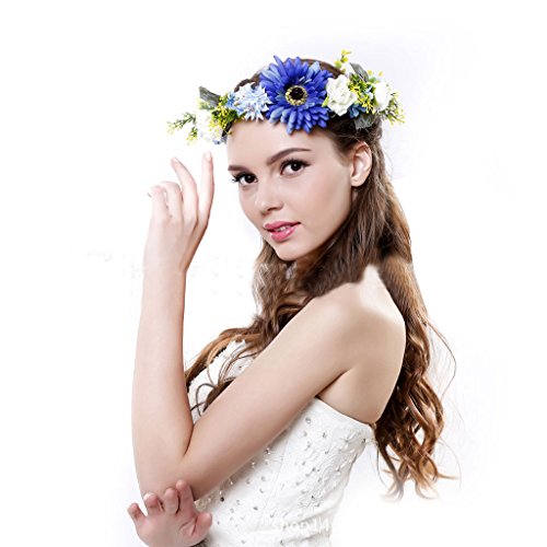 Phenovo Haarkranz Blumenkrone Blumenkranz Blumen Kranz Haarband Girlande Schmuck – Blau Sonnenblumen - 2