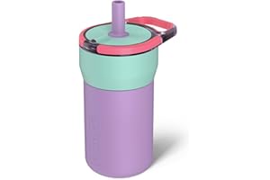 BrüMate Leap Kinderbecher mit Griff und weichem Silikon-Trinkhalm, tropfsichere Silikonhülle, für Kinder ab 4 Jahren, isolierter Edelstahl, Becherhalterfreundlich, 340 ml, Stardust-Motiv, 340 ml