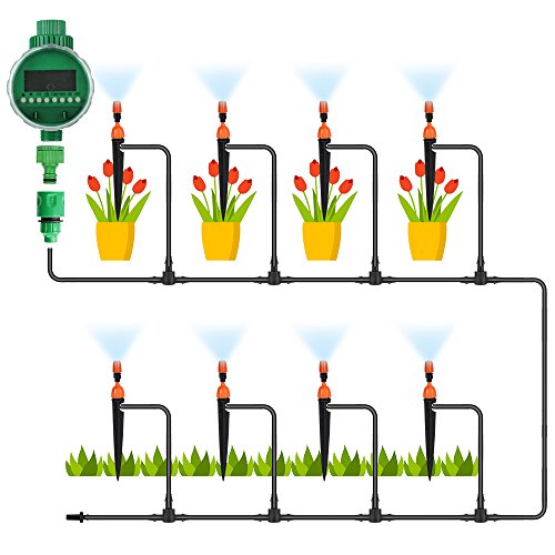 25m DIY Automatik Micro Drip Bewässerung Kit mit automatischen Timer,Pathonor 82 FT Bewässerung Tubing,30 Dropper & Fixed Stem, 29 Tea Joints,Garten Gewächshaus Bewässerung Spray Self Watering Kits für Garten Landschaft Flower Bed Terrasse Pflanzen - 3
