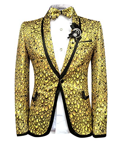 Chaqueta para hombre con diseño de escamas, abierta por delante y un solo botón, chaquetas y pantalones dorados Amarillo amarillo Large