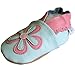 Soft Leather Baby girl Shoes with Suede Soles by Dotty Fish Pale Blue and Flower design - 6-12 months