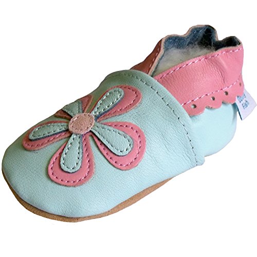 Soft Leather Baby girl Shoes with Suede Soles by Dotty Fish Pale Blue and Flower design - 6-12 months