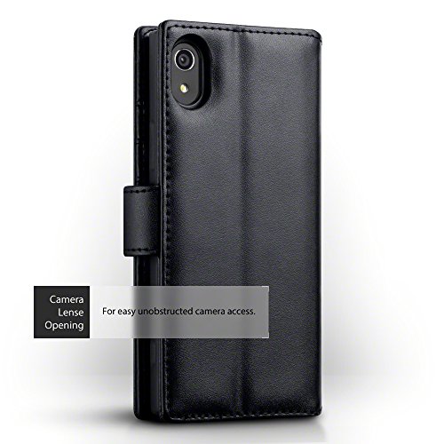 Sony Xperia XA1 Funda Cartera de aut  ntico cuero  tapa delantera con billetera para tarjetas  adaptable en posicion horizontal - Negro oscuro
