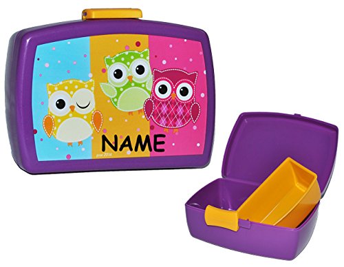 2 tlg. Set: Brotdose + Trinkflasche – “ lustige Eulen “ – mit extra Einsatz – Brotbüchse Küche Essen für Mädchen Kinder Vesperdose Lunchbox – Eule lila Brotkasten für Vesper Frühstück Brotzeitdose / Brotzeitbox – Fach – Fächer / Einlagefach - 3