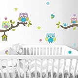 JUJU & COMPAGNIE - Eulen auf dem Ast - Bunte - Heule Aufkleber- Wandstickers - Full Set von Kinder Wandaufkleber - Babyzimmer Wandtattoos - Maße 40 x 120 cm