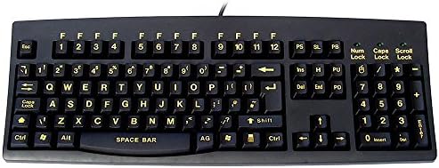 Large yellow print, black keyboard, USB