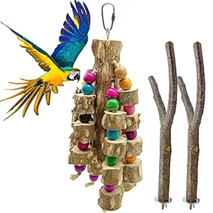 Hamiledyi Bird Natural Wood Chew Toy for Grinding Beak Parrot Cage Bite Toys Cage Accessories Wooden Exercise Branch Platform for Macaws African Grey Cockatoos