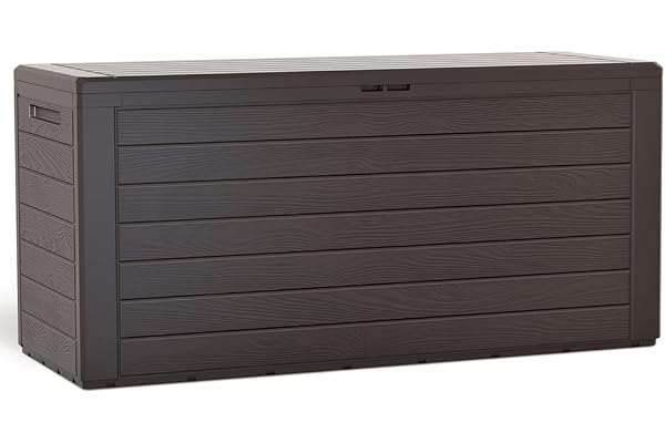 vounot® Coffre de Rangement Jardin XL 280 litres 116 x 44 x 55 CM avec Poignées Coffre à Coussins en Polypropylène Style Bois Malle de Rangement Extérieur Résistante Fabriqué en Europe Marron