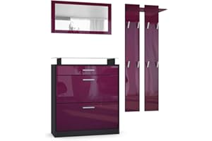 Vladon Garderobe Loret mini, Garderobenset bestehend aus 1 Schuhschrank, 1 Wandspiegel und 2 Garderobenpaneele, Schwarz matt/Brombeer Hochglanz