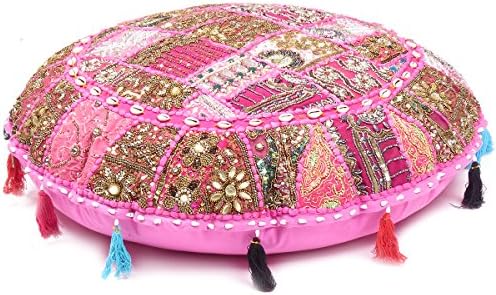 Indian Patchwork Bohemian Round Floor Pillow Boho Ottoman Pouf Seashell- 22" (pink)