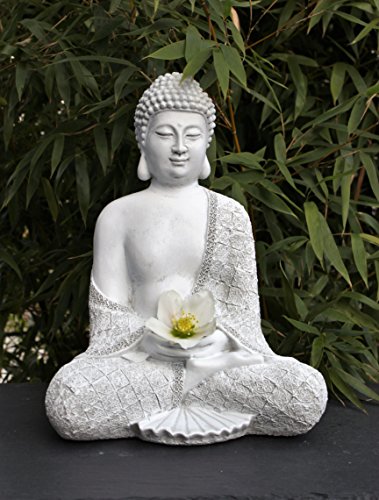 Steinfigur Buddha sitzend – Antik-Weiss, Garten, Deko, Figur, Stein, Statue, Frostsicher - 2