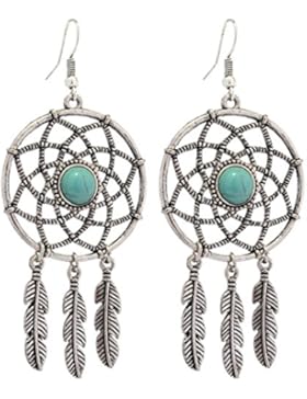 2LIVEfor Türkise Ohrringe Ethno Gross Federn Ohrringe Traumfänger Vintage Ohrringe lang Hängend Antik Style Silber...