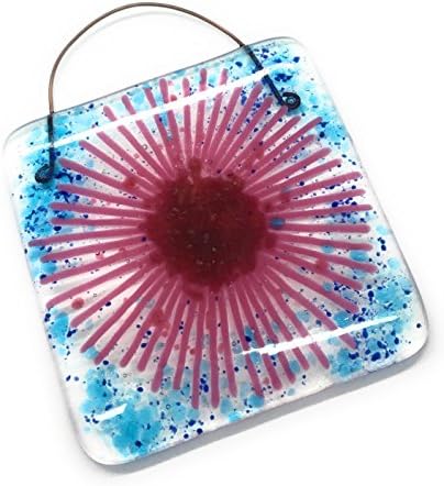 Pink daisy gerbera fused glass lightcatcher decoration square - handmade in UK - Valentines, Mothers Day, Teachers, Birthday, Christmas gift