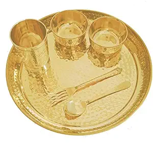 INDIAN CRAFTIO Brass Hamered Dinner Thali (11.5-inch) -Set of 6 Pieces