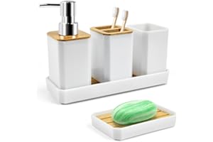 ADERTOS 5 Stück Badezimmer Zubehör Set Weiß Bambus Bad Accessoires Set mit Zahnbürstenhalter, Zahnputzbecher, Seifenspender, Seifenschale, Schminktablett Bad Set Zubehör für Zuhause Hotel Waschbecken