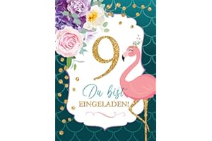 ‎JUNA-EXPERTEN JuNa-Experten 12 Einladungskarten zum 9. Kindergeburtstag Mädchen Flamingo Einladungen zum neunten Geburtstag