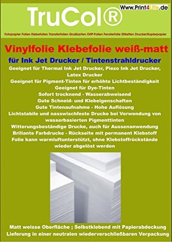 5 sheets of A4 adhesive sheet vinyl white for inkjet printers: inkjet Adhesive foils in white opaque version with colorless, non-yellowing, heat-stable adhesive. Perfectly suited for outdoor use, because the film is weatherproof.