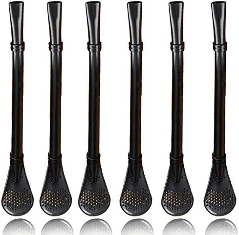 HiCchili Set of 6 pcs Smooth Flow 304 Stainless Steel Yerba Mate Tea Bombilla Straws Filtered Spoons Drinking Straw Tea Spoon, Coffe Spoon, Spoon Long Handlle 15.5cm/6.1 inchs, Spoon, Black