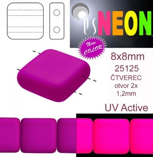 12 pcs Czech Glass Square Beads 2 Holes ESTRELA NEON (UV Active) 8x8 mm Purple