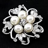 NEW SILVER TONE FAUX PEARL BROACH RHINESTONE CRYSTAL FLOWER LEAF BROOCH WEDDING