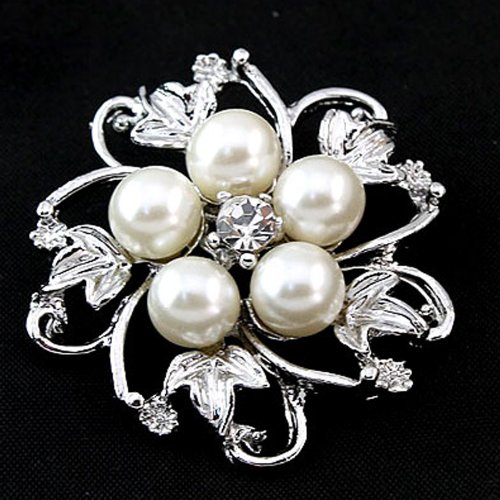 NEW SILVER TONE FAUX PEARL BROACH RHINESTONE CRYSTAL FLOWER LEAF BROOCH WEDDING