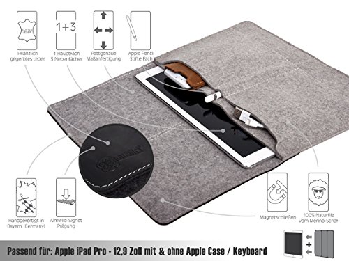 ALMWILD Apple iPad Pro 12.9 Zoll Hülle, Tasche . Aus echtem Rinds- Leder und 100% Woll- Filz. Case in Alpstein- Grau mit magnetischer Umschlagklappe aus Echt- Leder in Schwarz. In Bayern handgefertigt - 8