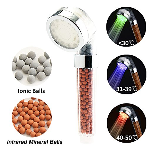 Handbrause,BeautyPO Hoher Druck Ionisch Badezimmer Duschkopf, LED Duschkopf Kopf Automatische 3 Farbwechsel, 30% Wassersparend und Anti-Bakterien Filter Brausekopf