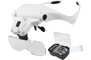 GEEVORKS Lente d'ingrandimento per fascia illuminata a LED 5 lenti rimovibili 1.0X-3.5X occhiali con lente di ingrandimento per lavori ravvicinati di gioielli di orologi PCB (2 LED)