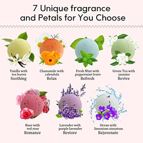 Bath Bombs, Birthday Anniversary Valentine's Day Gifts for Wife, Girlfriend, Her - 7 Large Natural Organic Relaxation Moisturizing SPA Fizzies With added Detox Ability by PURENJOY