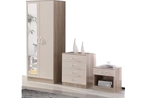 AFN HOME AFN High Gloss Mirrored 3 Piece Bedroom Furniture Set - Includes Wardrobe, 4 Drawer Chest, Bedside Cabinet (CREAM ON OAK)