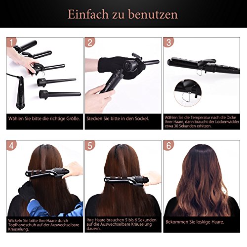 Lockenstab, HoLife 5-in-1 Austauschbare Lockenwickler 9-32mm für Große Kleine Locken mit Keramikbeschichtung, Schminktisch-schützenden Stahl-Stabständer, Anti-Hitzehandschuh(mit 5 Haar Clips, Schwarz) - 6