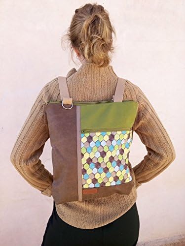 Vegan Women backpack - Convertible backpack in khaki and honeycomb print - aseismanos accessories handmade in Spain- Unique bags