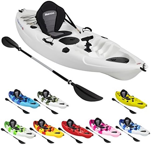 Bluewave Single Sit On Top Fishing Kayak | With 5 Rod Holders, 2 Storage Hatches, Padded Seat &amp; Paddle (White) - FREE SPORTS WATCH