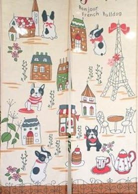 Japanese Noren Doorway Curtain Tapestry with French bulldog and Paris Eiffel Tower in France with Afternoon tea