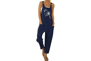 Onsoyours Femme Salopette Combinaison Ample Sans Manches Jambes Larges Jumpsuit Style Bohème Casual Playsuit Vintage Lin Imprimé Floral Été Overalls Rompers avec Poches