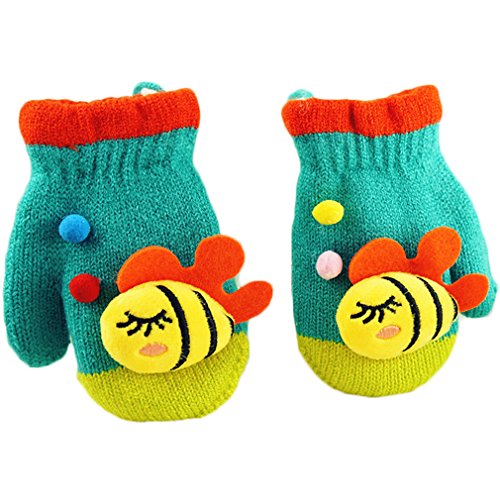 Pandaren® baby boy girl infant super warm wool yarn knit mittens for kids 2-6 years (Fish) (Blue)