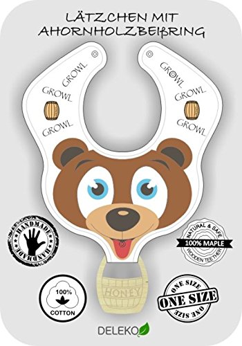 DELEKO Bärchen & Fässchen Lätzchen aus Baumwolle mit einem Beißring aus Ahornholz Handgemacht, natürlich, ökologisch, Ideal für zahnendes Kind ! - 8