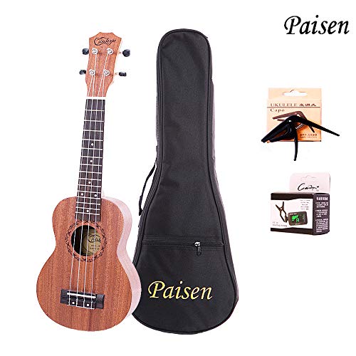 Paisen Ukelele Soprano Caoba Ukulele 21 pulgadas Instrumento con ukelele Set Correa Sintonizador de bolsa Capo Cuerda de nylon Ukelele profesional para principiantes y niños (21 pulgadas)