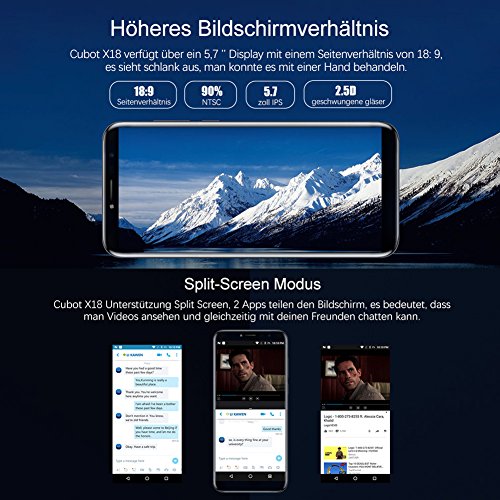 Cubot X18 4G Smartphone Ohne Vertrag (5.7 Zoll (19cm) IPS Touch Display Handy, RÃ¼ckseitenkamera 16MP (mit 1000mha LED Blitz), 13MP Frontkamera (weiches Licht selfie), 3GB RAM, 32GB Speicher, UnterstÃ¼tzung 128GB TF-Karte Expansion, 3200 mAh Batterie, Dual SIM Karten Dual Standby) Blau