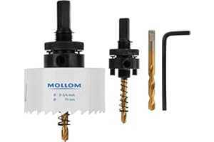 Mollom (70mm | 2-3/4") HSS M42 con 8% de cobalto,Sierra de Corona Bi-Metal con 2 Brocas Piloto y Arbor para Corte Suave en PVC,Pladur,Madera,Plástico,Yeso,Goma